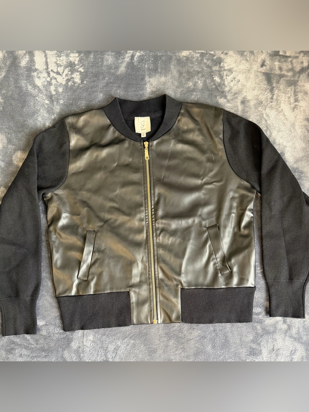 Sioni Women’s Large Black Faux Leather Knit Sleeve Bomber Jacket.